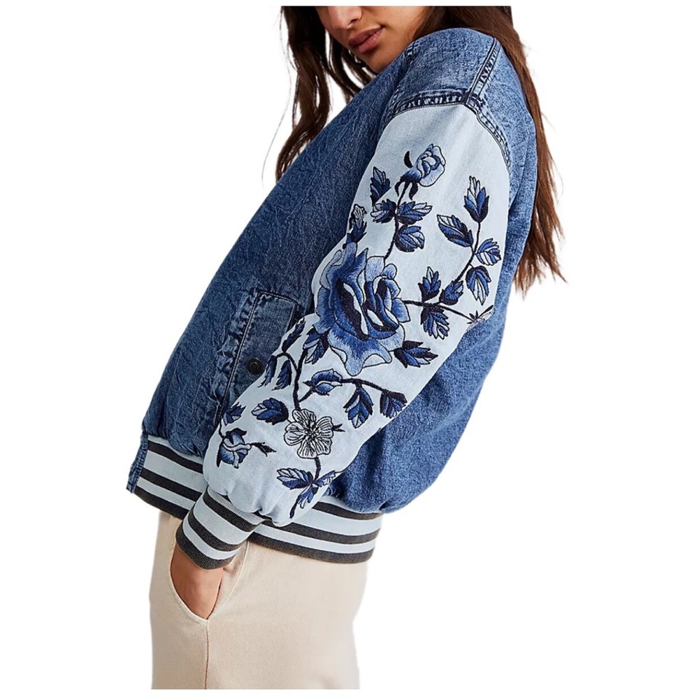Free People Denim and White Floral Varsity Jacket